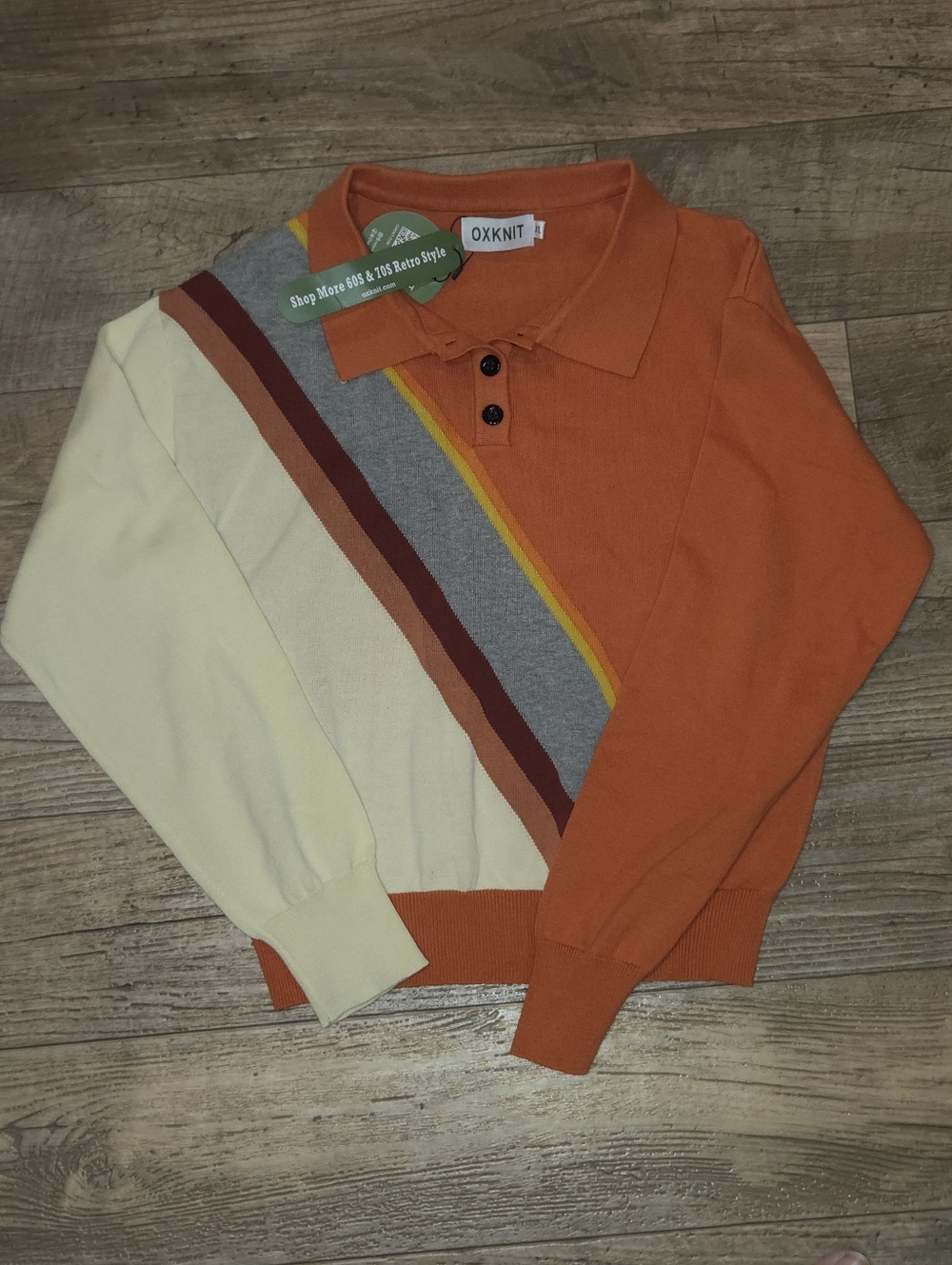 NWT Oxknit Men's Orange Retro Stripe Polo Sweater XL